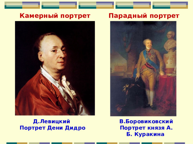 Камерный портрет Парадный портрет В.Боровиковский Д.Левицкий Портрет князя А. Б. Куракина Портрет Дени Дидро 