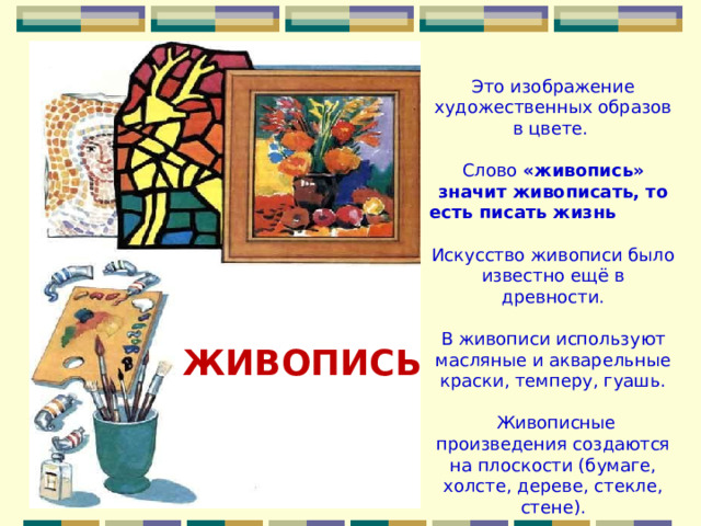 Это изображение художественных образов в цвете. Слово «живопись» значит живописать, то есть писать жизнь Искусство живописи было известно ещё в древности. В живописи используют масляные и акварельные краски, темперу, гуашь.  Живописные произведения создаются на плоскости (бумаге, холсте, дереве, стекле, стене). ЖИВОПИСЬ 