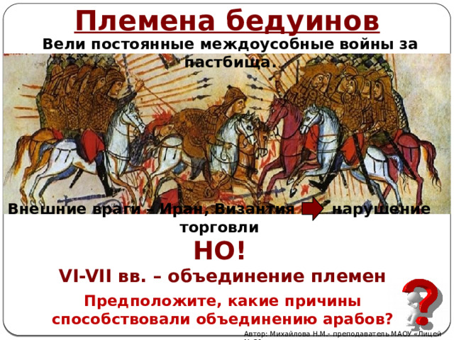 Племена бедуинов Вели постоянные междоусобные войны за пастбища. Внешние враги – Иран, Византия нарушение торговли НО!  VI-VII вв. – объединение племен Предположите, какие причины способствовали объединению арабов? Автор: Михайлова Н.М.- преподаватель МАОУ «Лицей № 21» 