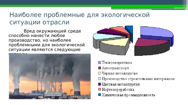 Наиболее проблемные для экологической ситуации отрасли     Вред окружающей среде способно нанести любое производство, но наиболее проблемными для экологической ситуации являются следующие отрасли. 