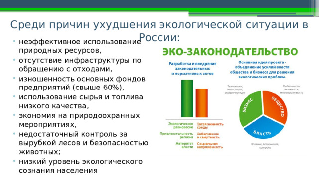 Среди причин ухудшения экологической ситуации в России:   неэффективное использование природных ресурсов, отсутствие инфраструктуры по обращению с отходами, изношенность основных фондов предприятий (свыше 60%), использование сырья и топлива низкого качества, экономия на природоохранных мероприятиях, недостаточный контроль за вырубкой лесов и безопасностью животных; низкий уровень экологического сознания населения 