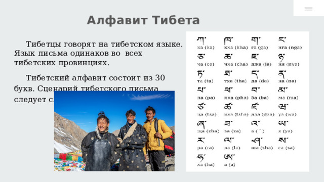 Алфавит  Тибета Тибетцы  говорят  на  тибетском языке.  Язык  письма  одинаков  во  всех  тибетских  провинциях. Тибетский алфавит состоит из 30  букв.  Сценарий  тибетского  письма  следует  слева  направо. 