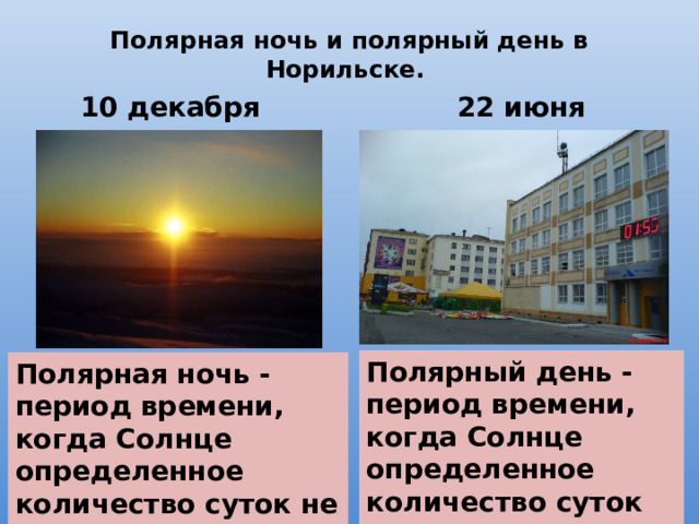 Полярная ночь и полярный день в Норильске. 10 декабря 22 июня Полярный день - период времени, когда Солнце определенное количество суток не садится за горизонт. Полярная ночь - период времени, когда Солнце определенное количество суток не поднимается над горизонтом. 