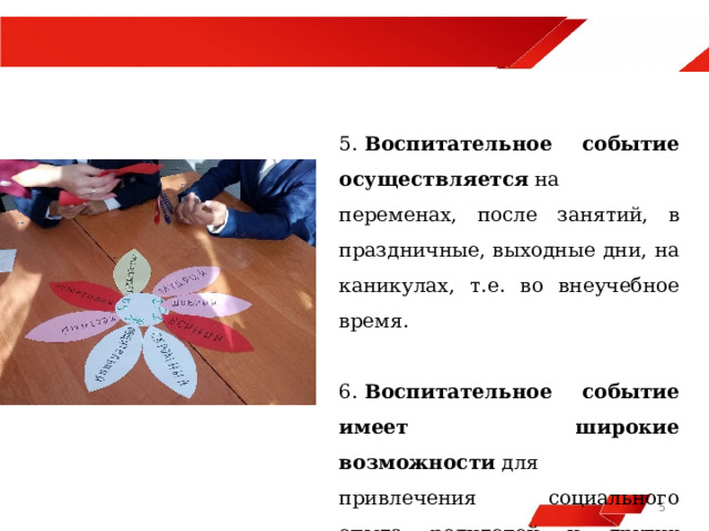  5.  Воспитательное событие осуществляется  на переменах, после занятий, в праздничные, выходные дни, на каникулах, т.е. во внеучебное время.   6.  Воспитательное событие имеет широкие возможности  для привлечения социального опыта родителей и других взрослых.     