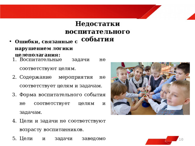  Недостатки воспитательного события Ошибки, связанные с нарушением логики целеполагания: Воспитательные задачи не соответствуют целям. Содержание мероприятия не соответствует целям и задачам. Форма воспитательного события не соответствует целям и задачам. Цели и задачи не соответствуют возрасту воспитанников. Цели и задачи заведомо невыполнимы на одном-единственном событии.   