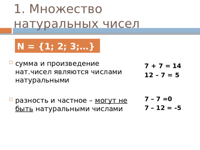 1. Множество натуральных чисел N = {1; 2; 3;…} сумма и произведение нат.чисел являются числами натуральными разность и частное – могут не быть натуральными числами 7 + 7 = 14 12 – 7 = 5 7 – 7 =0 7 – 12 = -5 