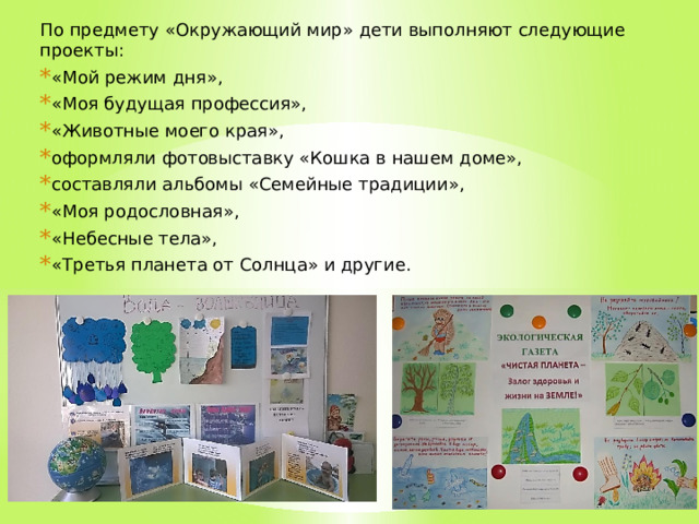 По предмету «Окружающий мир» дети выполняют следующие проекты: «Мой режим дня», «Моя будущая профессия», «Животные моего края», оформляли фотовыставку «Кошка в нашем доме», составляли альбомы «Семейные традиции», «Моя родословная», «Небесные тела», «Третья планета от Солнца» и другие. 