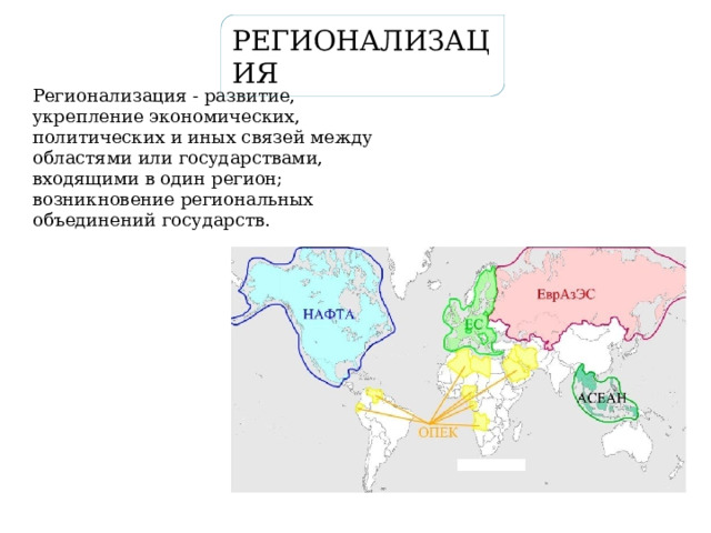 РЕГИОНАЛИЗАЦИЯ Регионализация - развитие, укрепление экономических, политических и иных связей между областями или государствами, входящими в один регион; возникновение региональных объединений государств. 