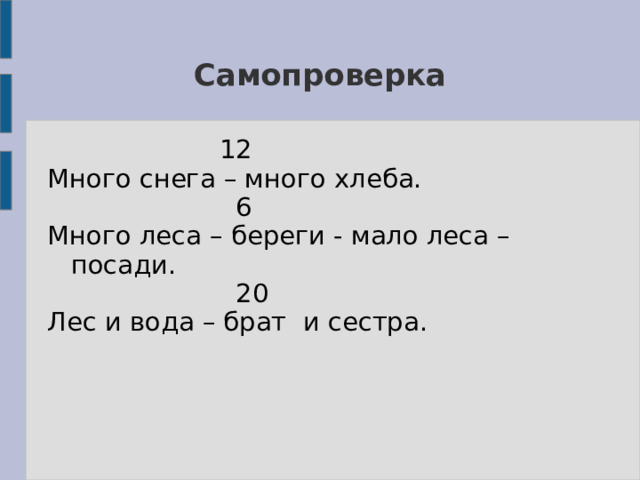 Самопроверка  12 Много снега – много хлеба.  6 Много леса – береги - мало леса – посади.  20 Лес и вода – брат и сестра. 