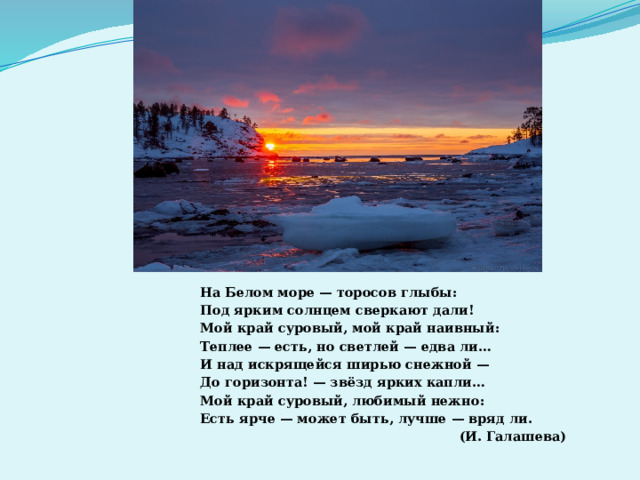 На Белом море — торосов глыбы: Под ярким солнцем сверкают дали! Мой край суровый, мой край наивный: Теплее — есть, но светлей — едва ли… И над искрящейся ширью снежной — До горизонта! — звёзд ярких капли… Мой край суровый, любимый нежно: Есть ярче — может быть, лучше — вряд ли. (И. Галашева) 