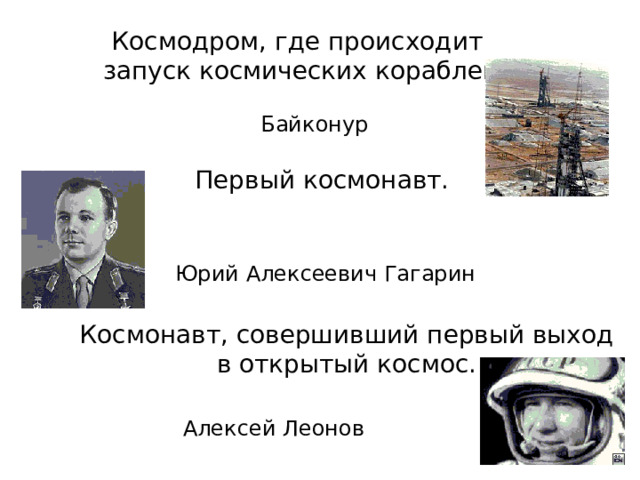 Космодром, где происходит  запуск космических кораблей Байконур  Первый космонавт. Юрий Алексеевич Гагарин  Космонавт, совершивший первый выход в открытый космос. Алексей Леонов 