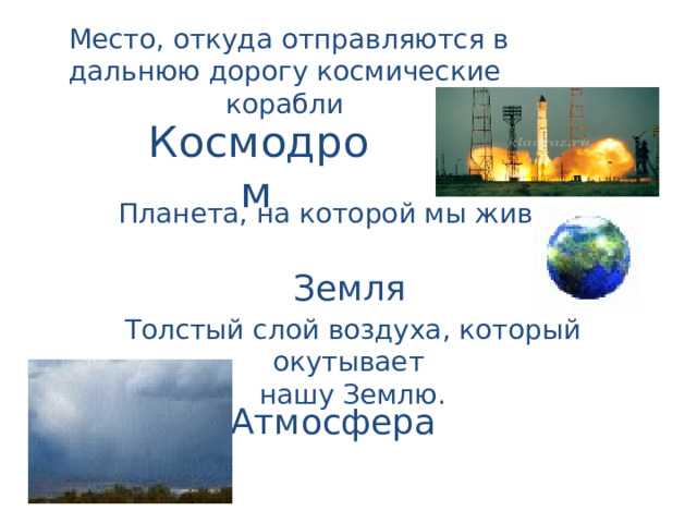  Место, откуда отправляются в дальнюю дорогу космические корабли Космодром  Планета, на которой мы живем.  Земля Толстый слой воздуха, который окутывает нашу Землю. Атмосфера  