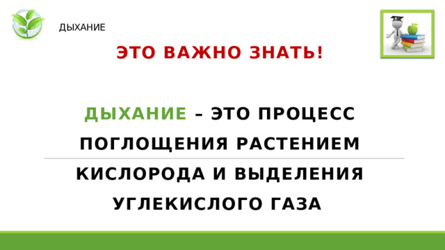   ДЫХАНИЕ ЭТО ВАЖНО ЗНАТЬ!  ДЫХАНИЕ – ЭТО ПРОЦЕСС ПОГЛОЩЕНИЯ РАСТЕНИЕМ КИСЛОРОДА И ВЫДЕЛЕНИЯ УГЛЕКИСЛОГО ГАЗА   