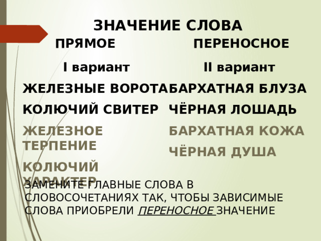 ЗНАЧЕНИЕ СЛОВА  ПРЯМОЕ ПЕРЕНОСНОЕ I вариант II вариант ЖЕЛЕЗНЫЕ ВОРОТА БАРХАТНАЯ БЛУЗА КОЛЮЧИЙ СВИТЕР ЧЁРНАЯ ЛОШАДЬ ЖЕЛЕЗНОЕ ТЕРПЕНИЕ БАРХАТНАЯ КОЖА КОЛЮЧИЙ ХАРАКТЕР ЧЁРНАЯ ДУША ЗАМЕНИТЕ ГЛАВНЫЕ СЛОВА В СЛОВОСОЧЕТАНИЯХ ТАК, ЧТОБЫ ЗАВИСИМЫЕ СЛОВА ПРИОБРЕЛИ ПЕРЕНОСНОЕ ЗНАЧЕНИЕ  