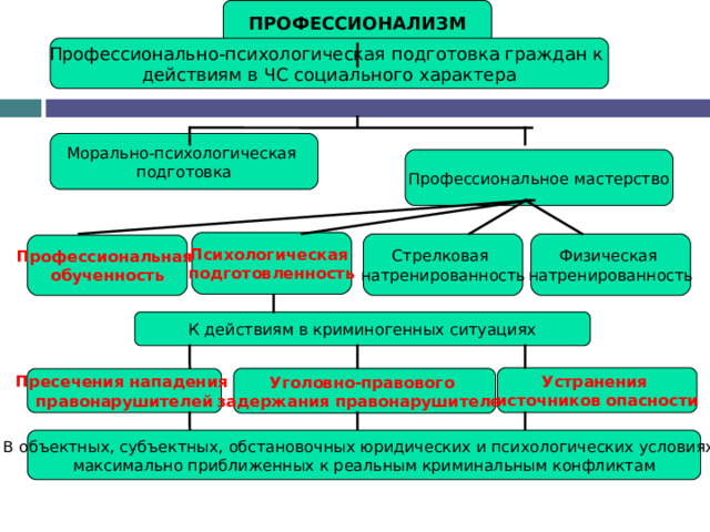 ПРОФЕССИОНАЛИЗМ Профессионально-психологическая подготовка граждан к действиям в ЧС социального характера Морально-психологическая подготовка Профессиональное мастерство Психологическая подготовленность Физическая натренированность Стрелковая натренированность Профессиональная обученность К действиям в криминогенных ситуациях Устранения источников опасности Уголовно-правового задержания правонарушителей Пресечения нападения правонарушителей В объектных, субъектных, обстановочных юридических и психологических условиях, максимально приближенных к реальным криминальным конфликтам 