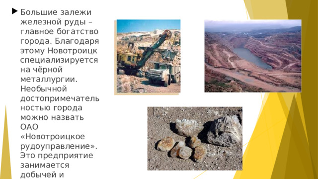 Большие залежи железной руды – главное богатство города. Благодаря этому Новотроицк специализируется на чёрной металлургии. Необычной достопримечательностью города можно назвать ОАО «Новотроицкое рудоуправление». Это предприятие занимается добычей и обработкой известняков и доломита.  