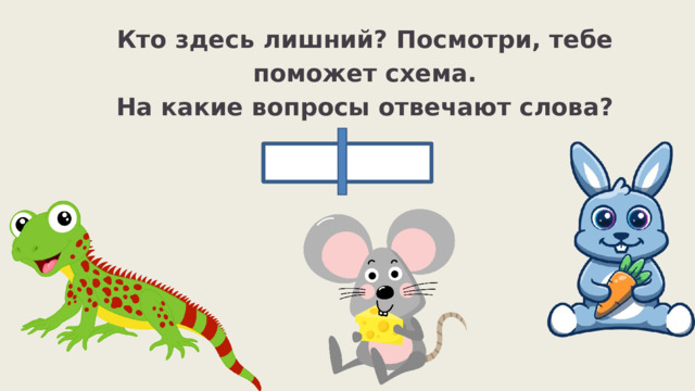 Кто здесь лишний? Посмотри, тебе поможет схема. На какие вопросы отвечают слова? 