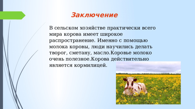 Заключение В сельском хозяйстве практически всего мира корова имеет широкое распространение. Именно с помощью молока коровы, люди научились делать творог, сметану, масло.Коровье молоко очень полезное.Корова действительно является кормилицей.   