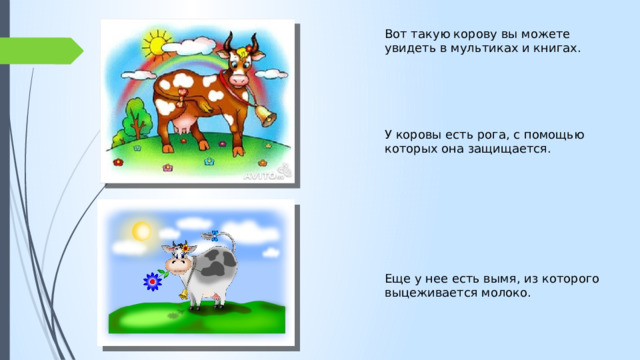 Вот такую корову вы можете увидеть в мультиках и книгах. У коровы есть рога, с помощью которых она защищается. Еще у нее есть вымя, из которого выцеживается молоко.  