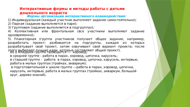 Интерактивные формы и методы работы с детьми дошкольного возраста Формы организации интерактивного взаимодействия: 1) Индивидуальная (каждый участник выполняет задание самостоятельно); 2) Парная (задание выполняется в паре); 3) Групповая (задание выполняется в подгруппах); 4) Коллективная или фронтальная (все участники выполняют задание одновременно); 5) Планетарная (группа участников получает общее задание, например, разработать проект; разбивается на подгруппы, каждая из которых разрабатывает свой проект, затем озвучивает свой вариант проекта; после этого выбирают лучшие идеи, которые составляют общий проект). Во ׀׀  младшей группе проводится — хоровод; в средней группе - работа в парах, хоровод, цепочка, карусель; в старшей группе - работа в парах, хоровод, цепочка, карусель, интервью, работа в малых группах (тройках, аквариум);  в подготовительной к школе группе —работа в парах, хоровод, цепочка, карусель, интервью, работа в малых группах (тройках, аквариум, большой круг, дерево знаний). 