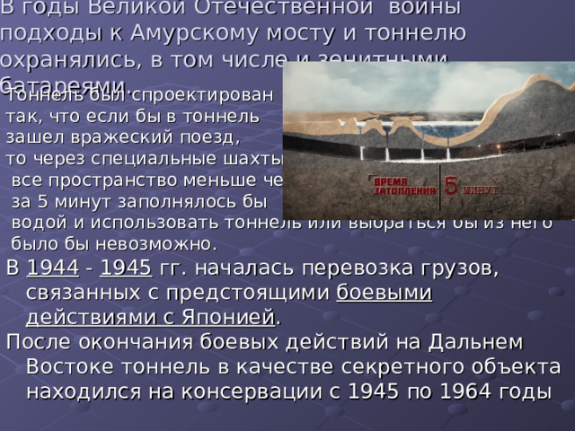 В годы Великой Отечественной войны подходы к Амурскому мосту и тоннелю охранялись, в том числе и зенитными батареями. Тоннель был спроектирован так, что если бы в тоннель зашел вражеский поезд, то через специальные шахты  все пространство меньше чем  за 5 минут заполнялось бы  водой и использовать тоннель или выбраться бы из него  было бы невозможно. В  1944 - 1945  гг. началась перевозка грузов, связанных с предстоящими  боевыми действиями с Японией . После окончания боевых действий на Дальнем Востоке тоннель в качестве секретного объекта находился на консервации с 1945 по 1964 годы 