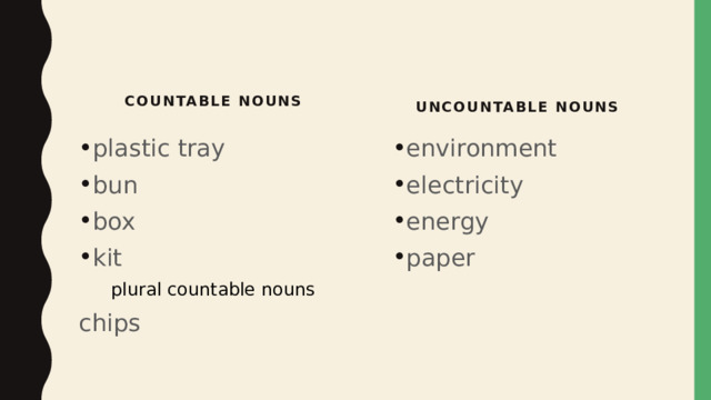 countable nouns uncountable nouns plastic tray bun box kit environment electricity energy paper plural countable nouns chips 