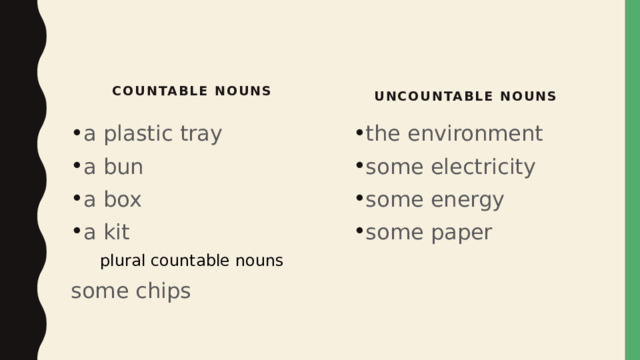 countable nouns uncountable nouns a plastic tray a bun a box a kit the environment some electricity some energy some paper plural countable nouns some chips 