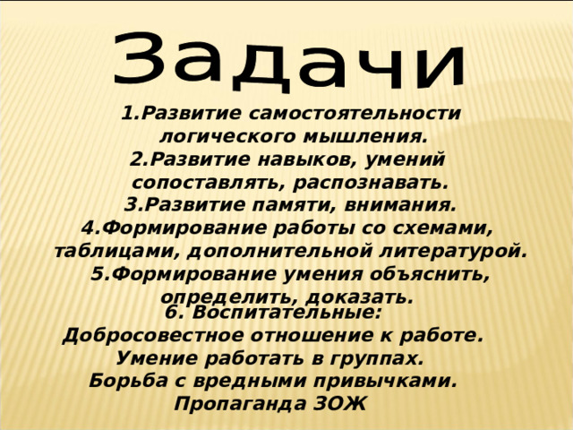 1.Развитие самостоятельности  логического мышления. 2.Развитие навыков, умений сопоставлять, распознавать. 3.Развитие памяти, внимания. 4.Формирование работы со схемами, таблицами, дополнительной литературой. 5.Формирование умения объяснить,  определить, доказать. 6. Воспитательные: Добросовестное отношение к работе. Умение работать в группах. Борьба с вредными привычками. Пропаганда ЗОЖ 