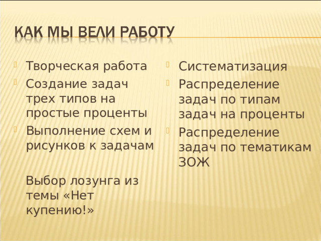 Творческая работа Создание задач трех типов на простые проценты Выполнение схем и рисунков к задачам  Систематизация Распределение задач по типам задач на проценты Распределение задач по тематикам ЗОЖ  Выбор лозунга из темы «Нет купению!» 