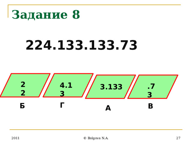 Задание 8  224.133.133.73 22 4.13 .73 3.133 Г Б В А 26 2011 © Bolgova N.A. 