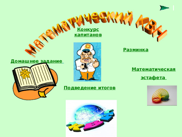 Конкурс капитанов Разминка Домашнее задание  Математическая эстафета Подведение итогов 
