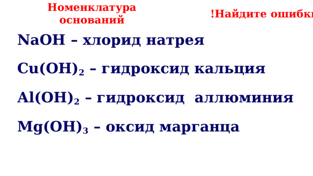 !Найдите ошибки Номенклатура оснований NaOH – хлорид натрея Cu(OH) 2 – гидроксид кальция Аl(OH) 2 – гидроксид аллюминия Mg(OH) 3 – оксид марганца   