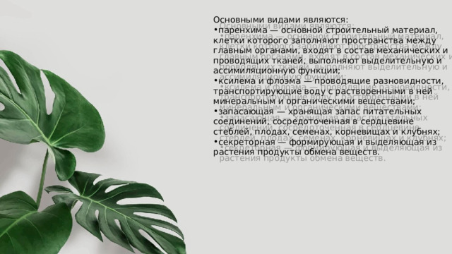 Основными видами являются: паренхима — основной строительный материал, клетки которого заполняют пространства между главным органами, входят в состав механических и проводящих тканей, выполняют выделительную и ассимиляционную функции; ксилема и флоэма — проводящие разновидности, транспортирующие воду с растворенными в ней минеральным и органическими веществами; запасающая — хранящая запас питательных соединений, сосредоточенная в сердцевине стеблей, плодах, семенах, корневищах и клубнях; секреторная — формирующая и выделяющая из растения продукты обмена веществ. 