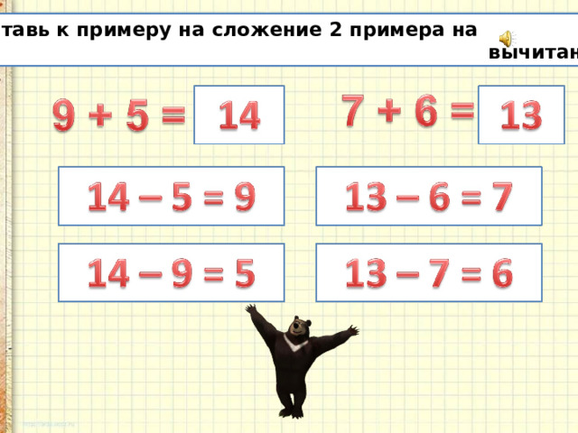 Составь к примеру на сложение 2 примера на  вычитание. 