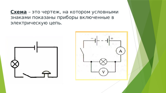 Схема – это чертеж, на котором условными знаками показаны приборы включенные в электрическую цепь. 