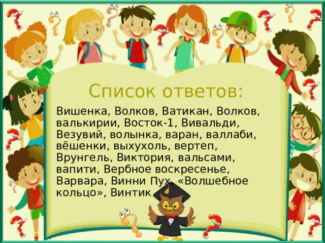 Список ответов: Вишенка, Волков, Ватикан, Волков, валькирии, Восток-1, Вивальди, Везувий, волынка, варан, валлаби, вёшенки, выхухоль, вертеп, Врунгель, Виктория, вальсами, вапити, Вербное воскресенье, Варвара, Винни Пух, «Волшебное кольцо», Винтик 