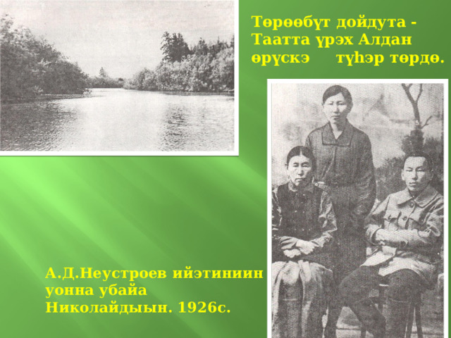 Төрөөбүт дойдута -Таатта үрэх Алдан өрүскэ түhэр төрдө. А.Д.Неустроев ийэтиниин уонна убайа Николайдыын. 1926с. 