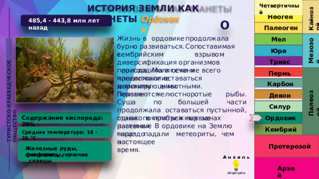 Четвертичный ИСТОРИЯ  ЗЕМЛИ  КАК  ПЛАНЕТЫ Кайнозой Неоген Ордовик 485,4  -  443,8  млн  лет  назад О Палеоген Жизнь  в  ордовике  продолжала  бурно развиваться.  Сопоставимая   с Мел Мезозой ТУРИСТСКО-КРАЕВЕДЧЕСКОЕ  ОБЩЕСТВО Юра кембрийским  взрывом  диверсификация организмов  происходила  в  течение  всего Триас периода.  Моллюски  и  членистоногие Пермь продолжали  оставаться  доминирующими Карбон морскими  животными.  Появляются Палеозой первые  челюстноротые  рыбы.  Суша  по большей  части  продолжала  оставаться пустынной,  однако  в  прибрежных  зонах Девон Силур стали  появляться  первые  наземные Содержание  кислорода:  20% Ордовик растения.  В  ордовике  на  Землю  гораздо Кембрий Средняя  температура:  18  -  20  °C чаще  падали  метеориты,  чем  в настоящее  время. Протерозой Железные  руды,  фосфориты, марганец,  горючие  сланцы Архей 