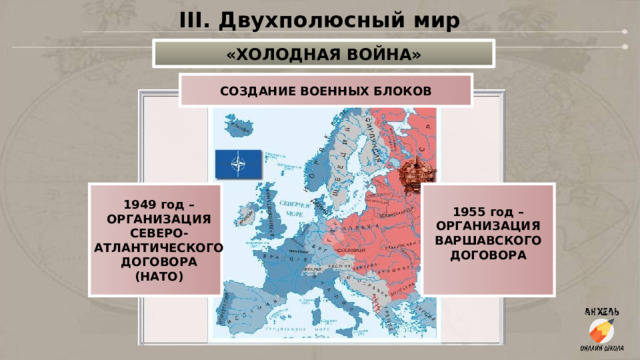 III. Двухполюсный мир «ХОЛОДНАЯ ВОЙНА» СОЗДАНИЕ ВОЕННЫХ БЛОКОВ 1949 год – 1955 год – ОРГАНИЗАЦИЯ ОРГАНИЗАЦИЯ СЕВЕРО- ВАРШАВСКОГО АТЛАНТИЧЕСКОГО ДОГОВОРА ДОГОВОРА  (НАТО) 