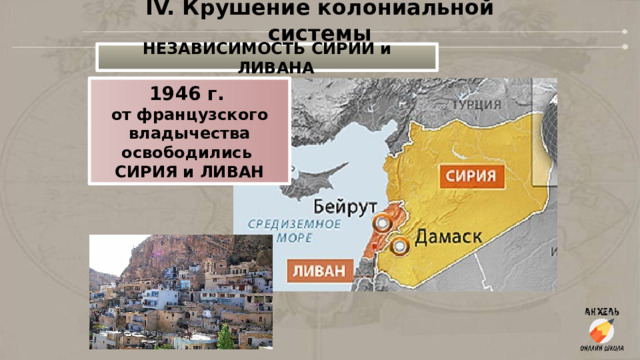 IV. Крушение колониальной системы НЕЗАВИСИМОСТЬ СИРИИ и ЛИВАНА 1946 г.  от французского владычества освободились СИРИЯ и ЛИВАН 