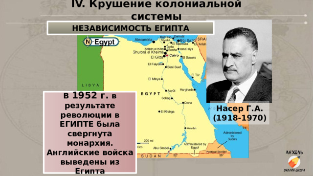 IV. Крушение колониальной системы НЕЗАВИСИМОСТЬ ЕГИПТА В 1952 г. в результате революции в ЕГИПТЕ была свергнута монархия. Английские войска выведены из Египта Насер Г.А. (1918-1970) 