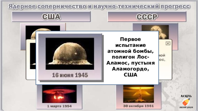 Первое испытание атомной бомбы, полигон Лос-Аламос, пустыня Аламогордо, США 