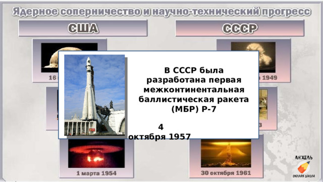 В СССР была разработана первая межконтинентальная баллистическая ракета (МБР) Р-7   4 октября 1957 