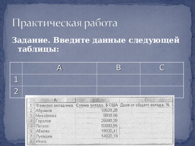 Задание. Введите данные следующей таблицы: А 1 В 2 С 