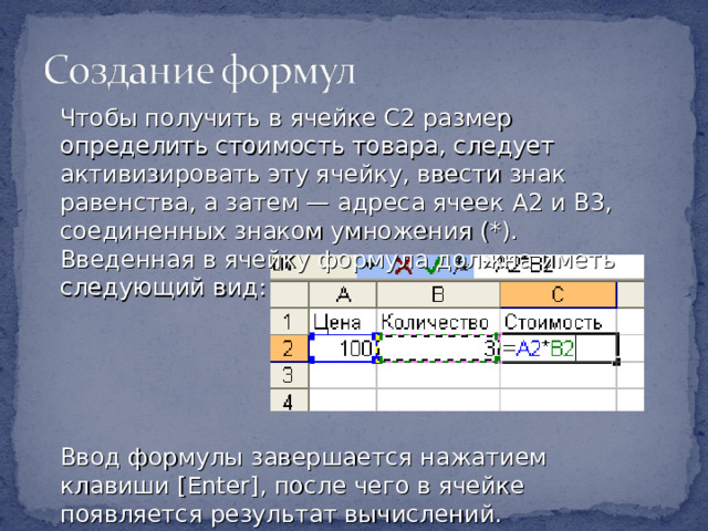 Чтобы получить в ячейке С2 размер определить стоимость товара, следует активизировать эту ячейку, ввести знак равенства, а затем — адреса ячеек A 2 и B 3, соединенных знаком умножения (*). Введенная в ячейку формула должна иметь следующий вид: Ввод формулы завершается нажатием клавиши [Enter], после чего в ячейке появляется результат вычислений. 