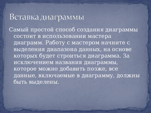 Самый простой способ создания диаграммы состоит в использовании мастера диаграмм. Работу с мастером начните с выделения диапазона данных, на основе которых будет строиться диаграмма. За исключением названия диаграммы, которое можно добавить позже, все данные, включаемые в диаграмму, должны быть выделены. 