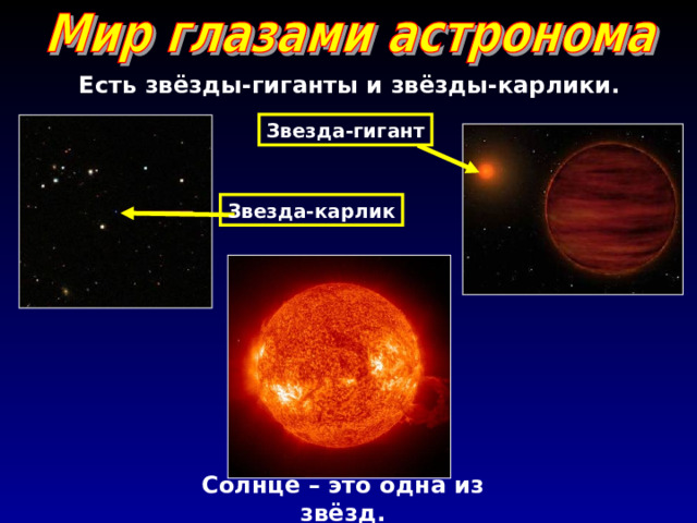 Есть звёзды-гиганты и звёзды-карлики. Звезда-гигант Звезда-карлик Солнце – это одна из звёзд. 