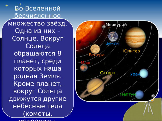Во Вселенной бесчисленное множество звёзд. Одна из них – Солнце. Вокруг Солнца обращаются 8 планет, среди которых наша родная Земля. Кроме планет, вокруг Солнца движутся другие небесные тела (кометы, метеориты, астероиды). Меркурий Земля Юпитер Венера Марс Сатурн Уран Нептун 