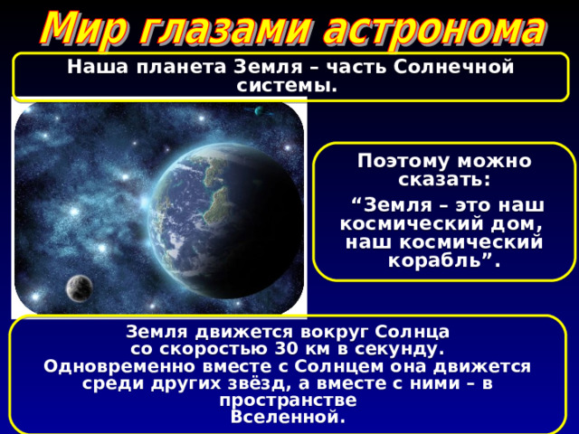 Наша планета Земля – часть Солнечной системы. Поэтому можно сказать:  “ Земля – это наш космический дом, наш космический корабль ”. Земля движется вокруг Солнца со скоростью 30 км в секунду. Одновременно вместе с Солнцем она движется среди других звёзд, а вместе с ними – в пространстве Вселенной. 