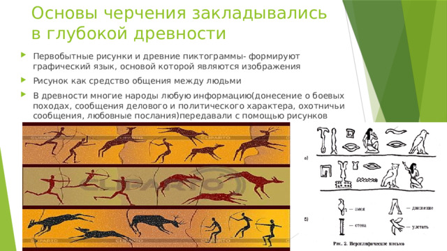 Основы черчения закладывались в глубокой древности Первобытные рисунки и древние пиктограммы- формируют графический язык, основой которой являются изображения Рисунок как средство общения между людьми В древности многие народы любую информацию(донесение о боевых походах, сообщения делового и политического характера, охотничьи сообщения, любовные послания)передавали с помощью рисунков 